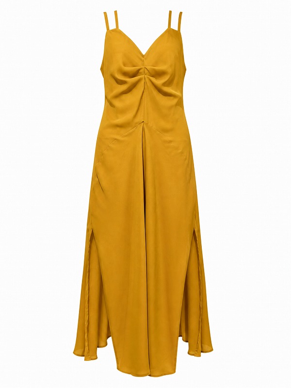 【新品DRESS 860】2連ショルダーキャミサイドスリットミモレ丈フレアロングドレス イエロー【relish】